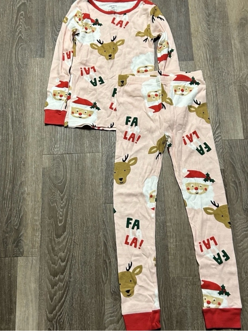 NWOT Girls Pink Christmas Pajama Set Santa Reindeer Falala Size 7